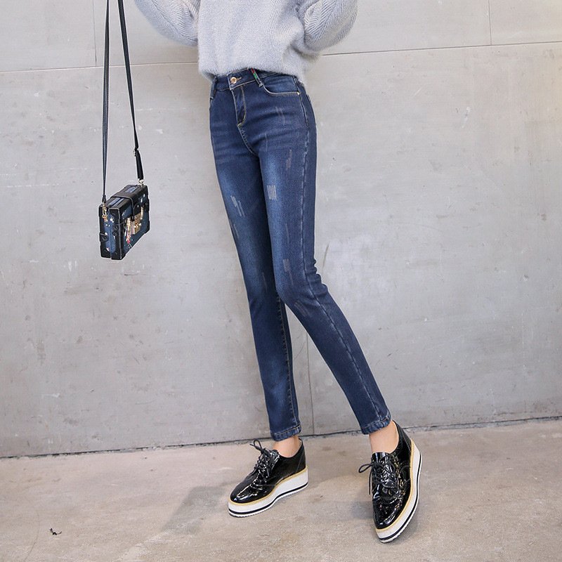 顺崇2018春春弹力紧身加绒牛仔裤女长裤铅笔裤韩版学生中腰显瘦