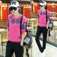 顺崇2018春新款时尚印花修身显瘦两件套休闲运动套装