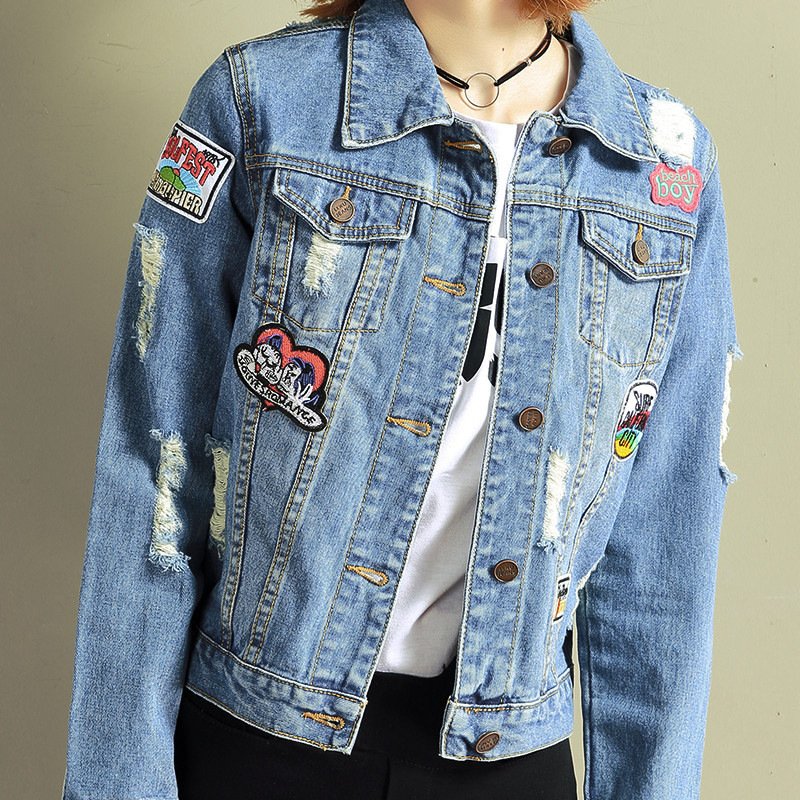 顺崇2018破洞牛仔外套女短款徽章春春季韩版bf百搭长袖宽松女士衣