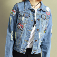 顺崇2018破洞牛仔外套女短款徽章春春季韩版bf百搭长袖宽松女士衣