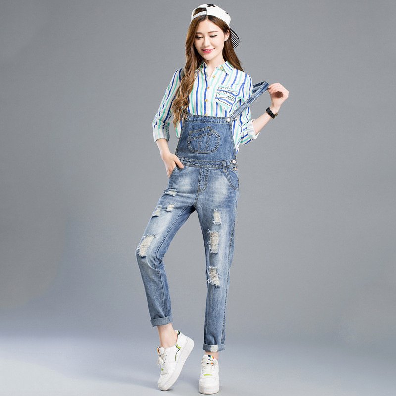 顺崇2018春季新款学院风牛仔背带裤韩版破洞牛仔裤女背带长裤23035