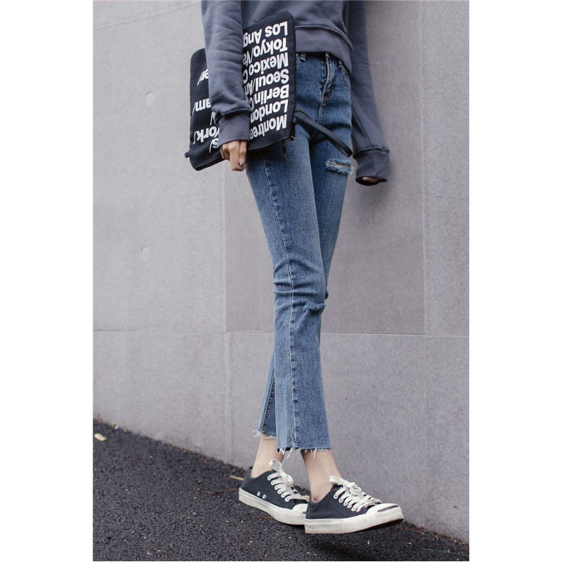 顺崇2018春款韩版修身显瘦磨破毛边牛仔裤女复古小喇叭裤0755#