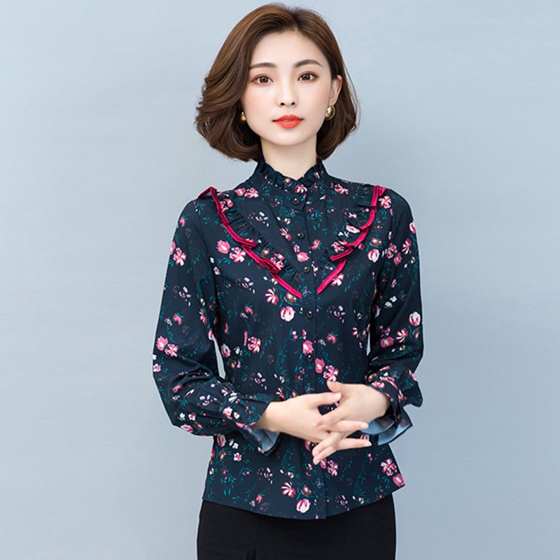 顺崇2018春装新款潮女装上衣韩范印花衬衣立领长袖女打底衫春春女衬衫