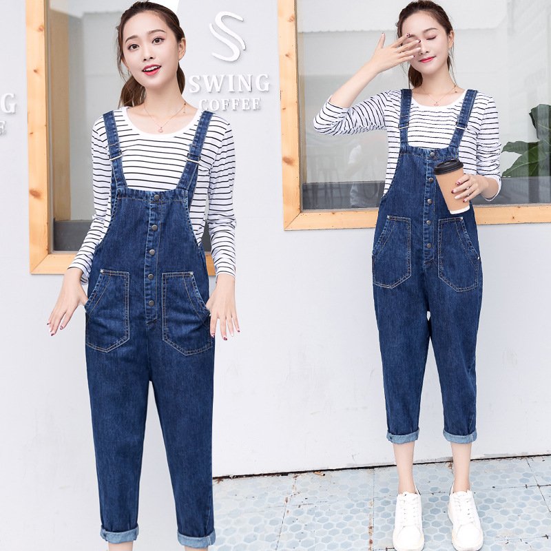 顺崇2018春季新款韩版显瘦哈伦裤排扣牛仔背带九分裤连体裤