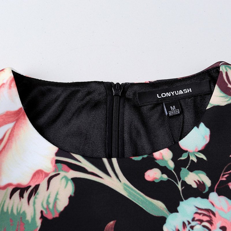 顺崇20188025春春新款女装淑女针织印花时尚灯笼袖大摆修身连衣裙