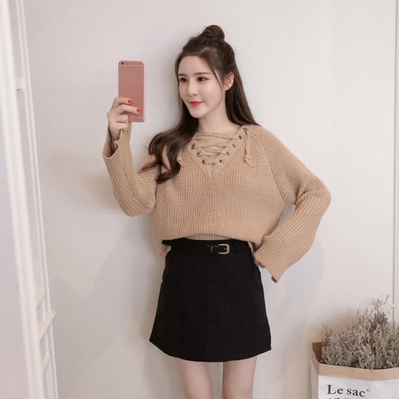 顺崇2018年春春新款绳子针织衫毛衣女+短裙配皮带【套装】