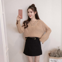 顺崇2018年春春新款绳子针织衫毛衣女+短裙配皮带【套装】