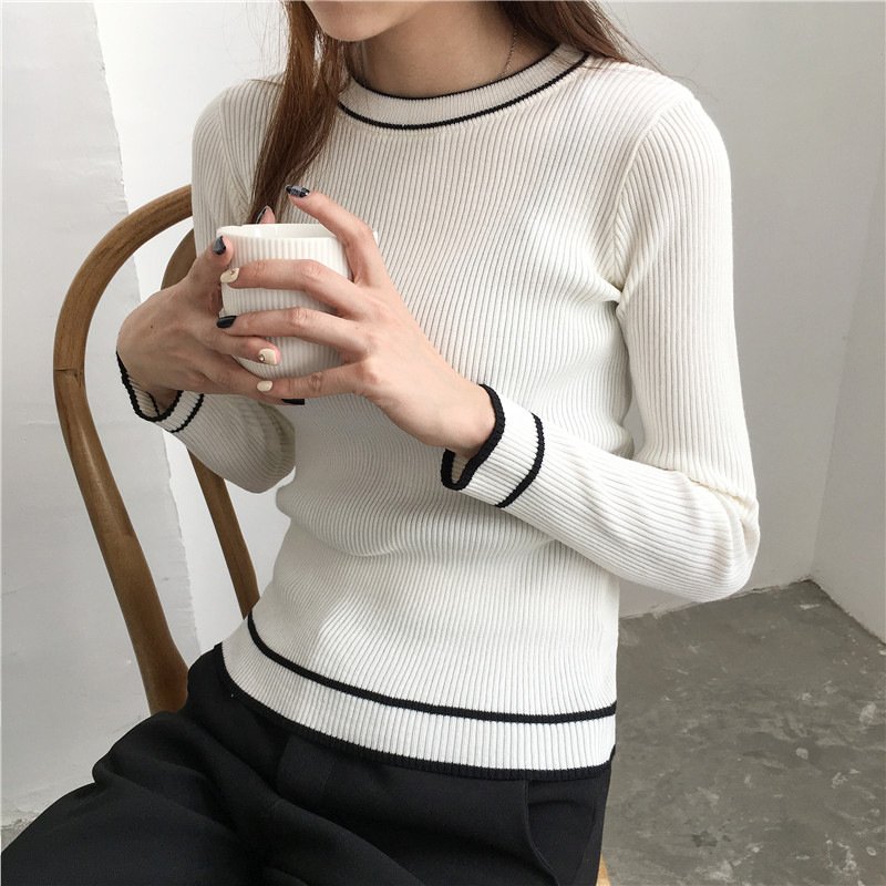 顺崇2018(现货)9春春新品针织衫长袖修身套头女毛衣