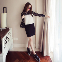 顺崇2018胖MM春季新款韩版长袖蕾丝拼接撞色大码女装连衣裙圆领显瘦女短裙