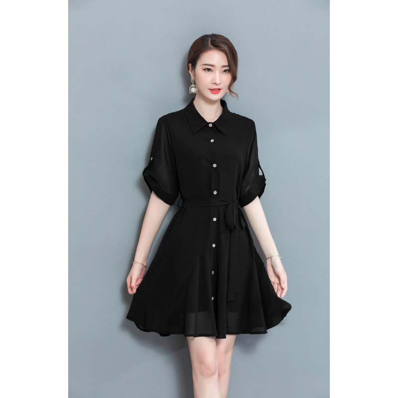 顺崇2018胖MM雪纺连衣裙单排扣腰带翻领大码衬衣裙中长裙8857