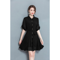 顺崇2018胖MM雪纺连衣裙单排扣腰带翻领大码衬衣裙中长裙8857
