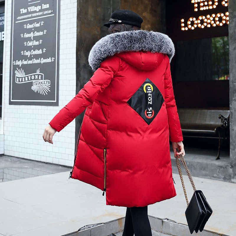 顺崇2017冬季羽绒服韩国红色羽绒棉服女中长款加厚大毛领时尚外套
