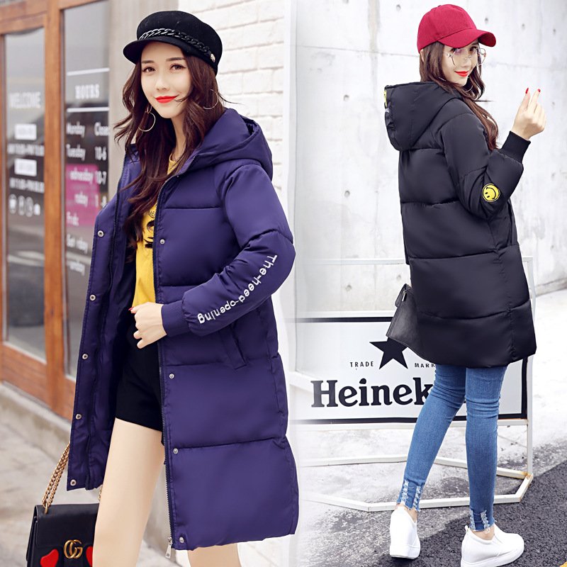 顺崇2017冬季新款韩版羽绒服女中长款学生笑脸加厚宽松棉服连帽