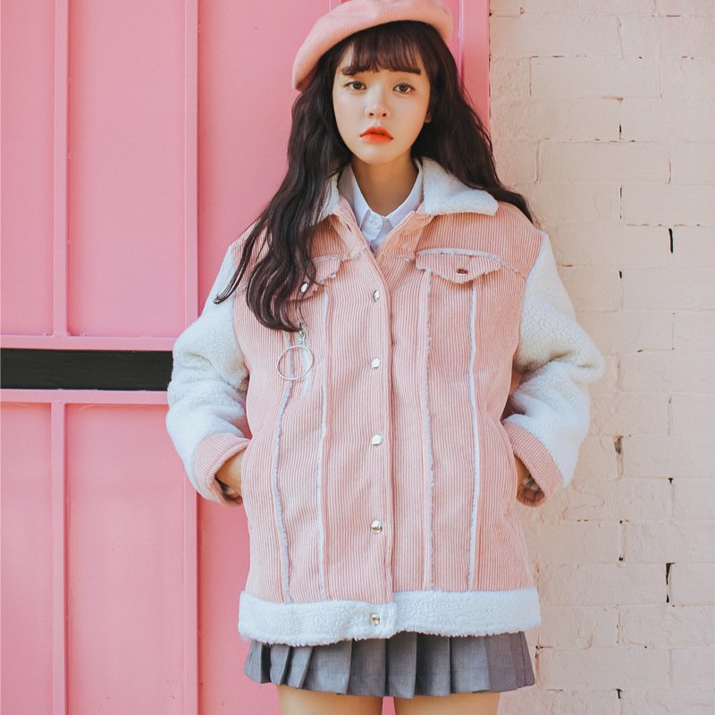 顺崇2017冬季韩版宽松加厚灯芯绒羊羔毛棉服棉衣外套