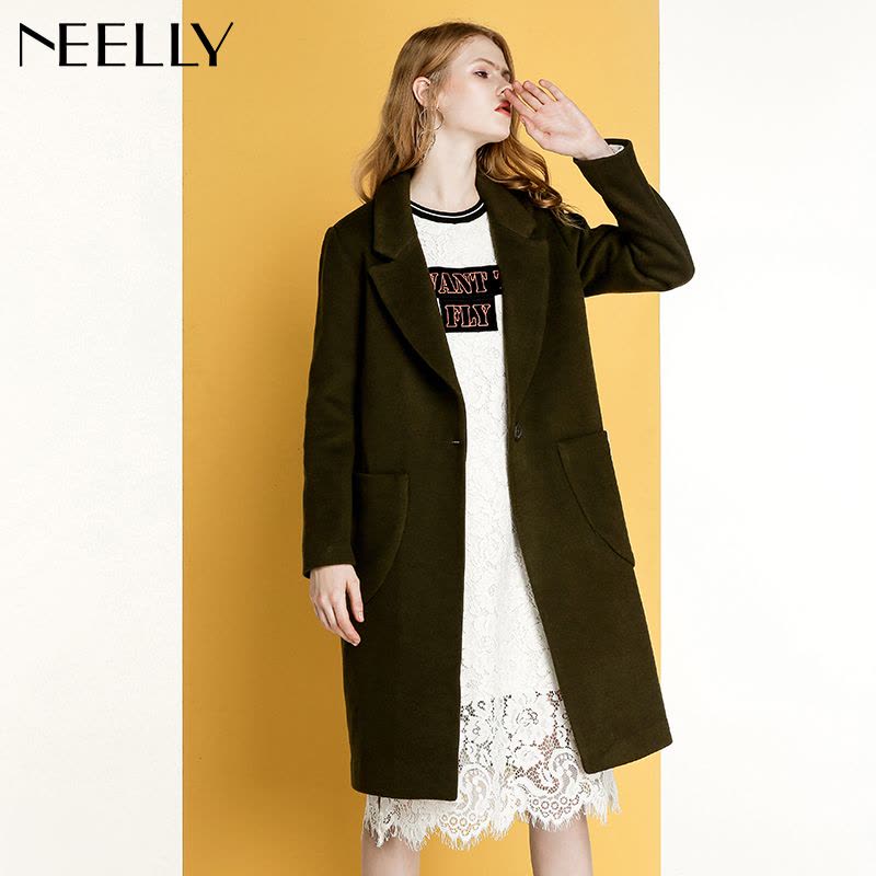 Neelly纳俪2017冬装新款女纯色一粒扣通勤宽松显瘦羊毛呢外套大衣图片