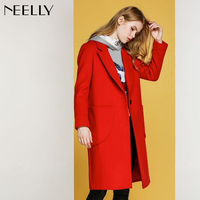 Neelly纳俪2017冬装新款女纯色一粒扣通勤宽松显瘦羊毛呢外套大衣