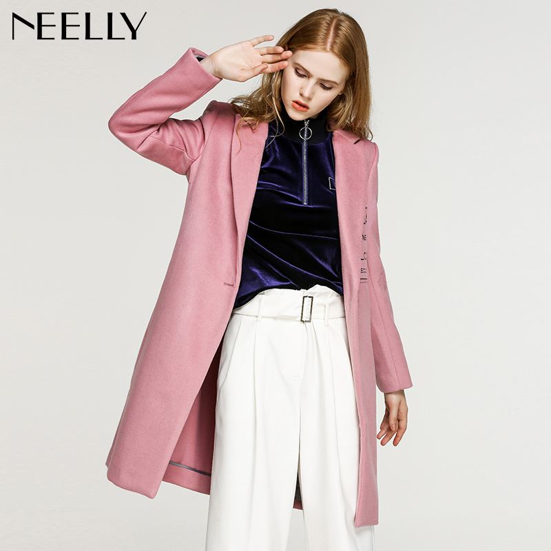 Neelly纳俪2017冬装新款中长款字母贴布单排扣显瘦羊毛呢外套大衣