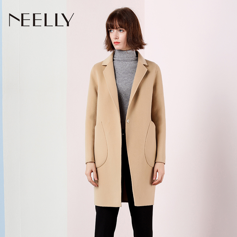 Neelly/纳俪2018春季新款中长款纯色大口袋双面呢