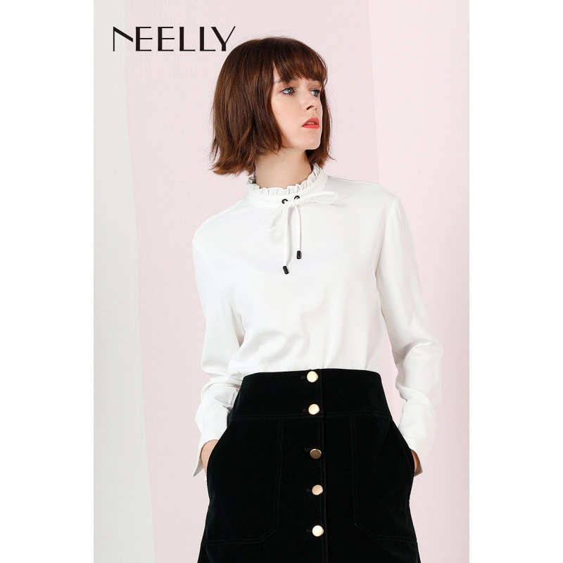 Neelly/纳俪2018春季新款短款纯色立领衬衫上衣