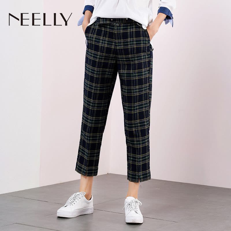 Neelly/纳俪2018春季新款格纹九分直筒裤哈伦裤图片