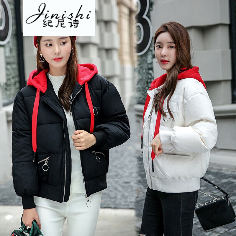 纪尼诗女装2018冬季新款韩版短款面包服红帽宽松连帽羽绒服女