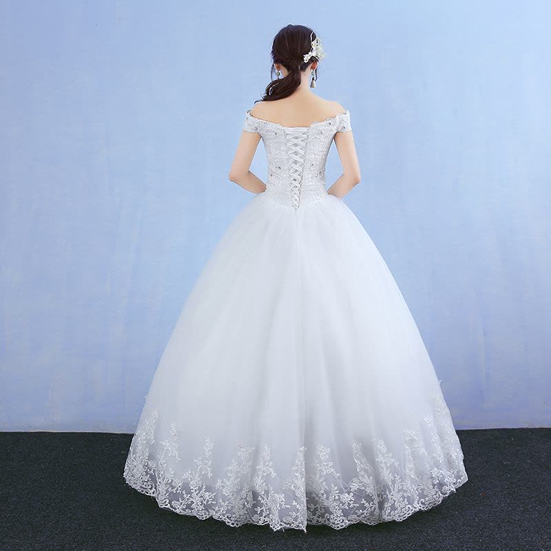 韩式一字肩公主齐地大码显瘦新娘结婚婚纱夏季新款婚纱礼服女图片