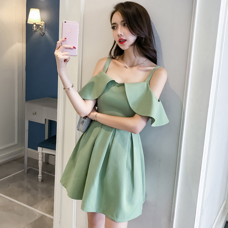 qma新款一字肩连衣裙女夏2017新款韩版气质女装露背修身荷叶边吊带裙