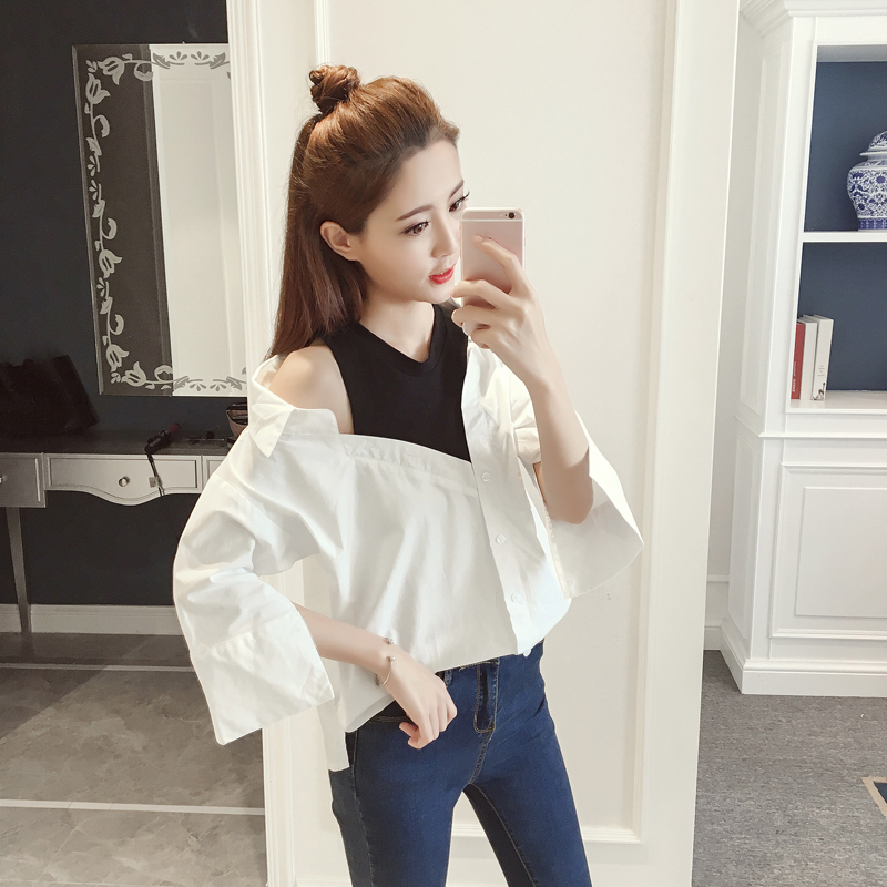 春夏新款韩范不规则露肩拼接假两件白衬衫女宽松半袖上衣服学生潮定制