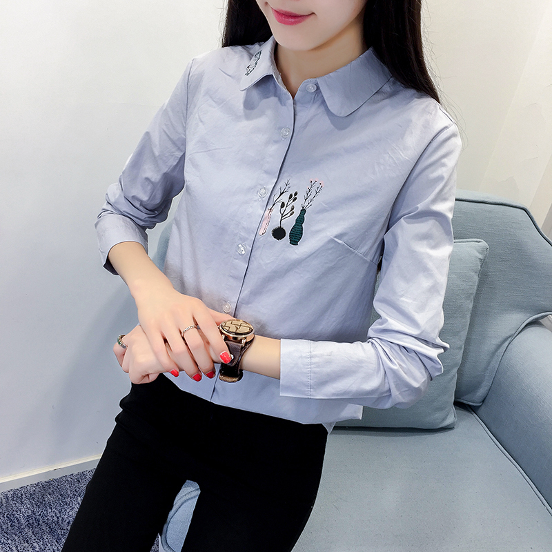 qma新款职业女衬衫春秋新款2017长袖韩版宽松百搭小清新棉印花学生上衣定制