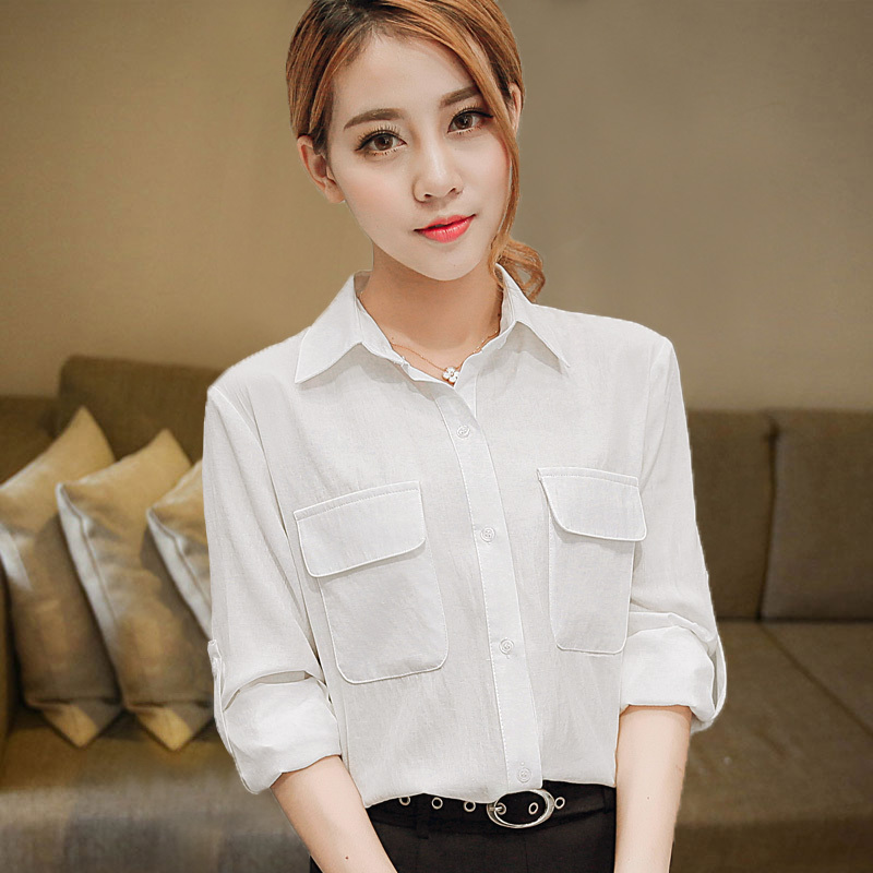 qma新款棉麻白色格子衬衫女长袖短袖2017秋装新款宽松韩版中长款衬衣上衣定制