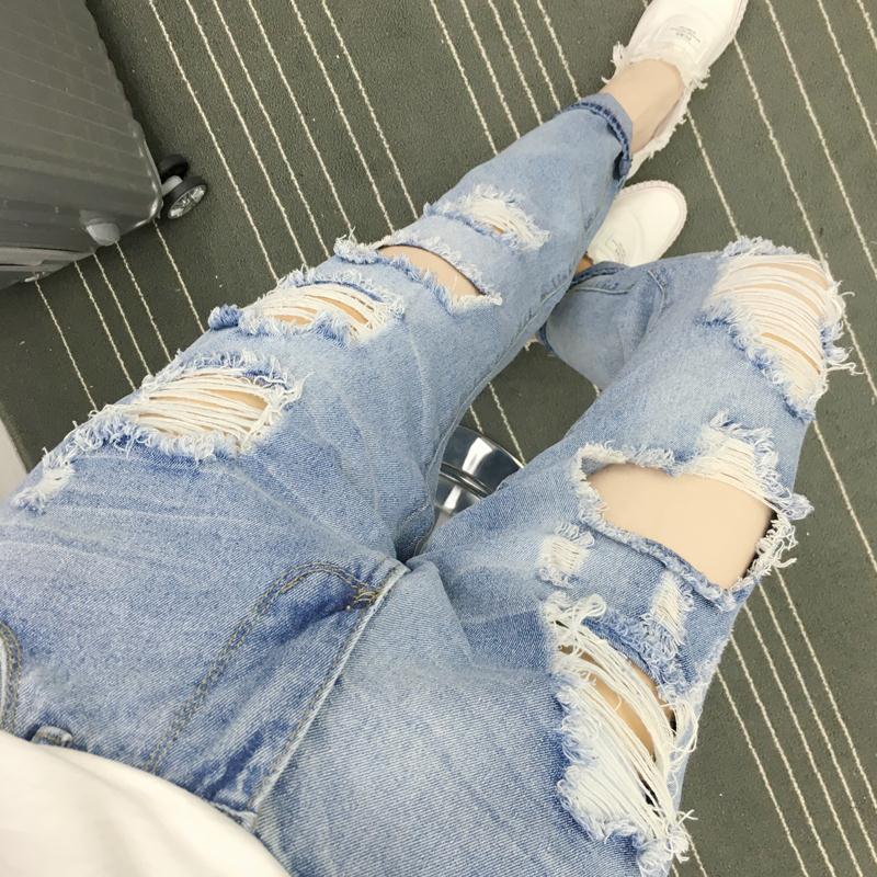 qma新款漏洞牛仔裤女九分裤韩版宽松bf风嘻哈破洞乞丐个性欧美夸张
