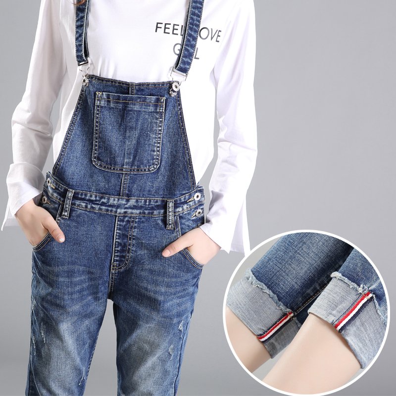 qma新款牛仔九分裤女2017春秋女孩宽松背带裤可爱连体吊带裤学生卷边