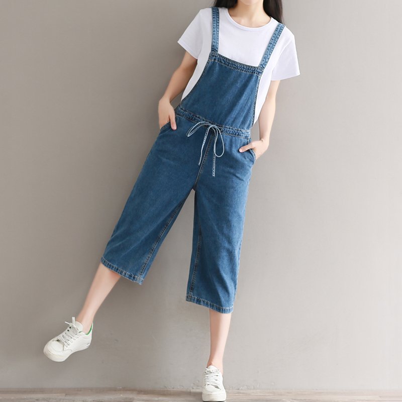 qma新款学院风少女夏装牛仔背带裤女初中学生韩版新款宽松连体七分裤