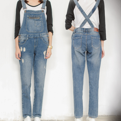 qma新款实拍牛仔背带裤女宽松bf风吊带牛仔裤破洞长裤背后交叉定制