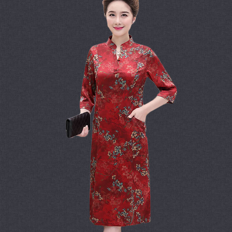 qma新款中老年女夏秋装婚礼服长款旗袍中袖大码胖妈妈装香云纱连衣裙定制