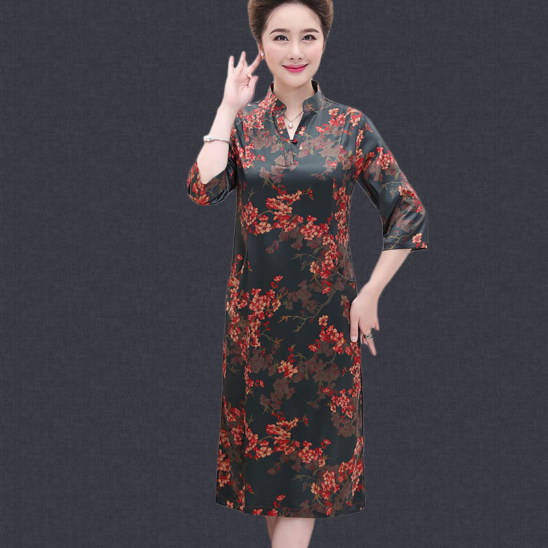 qma新款中老年女夏秋装婚礼服长款旗袍中袖大码胖妈妈装香云纱连衣裙定制