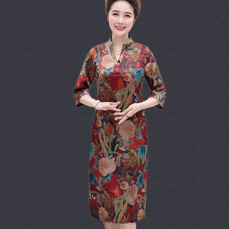 qma新款中老年女夏秋装婚礼服长款旗袍中袖大码胖妈妈装香云纱连衣裙定制