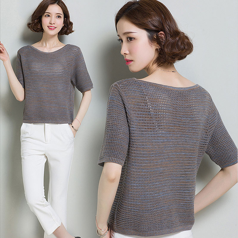 qma新款天天特价夏季女薄款韩版针织衫短款罩衫镂空半袖一字领宽松