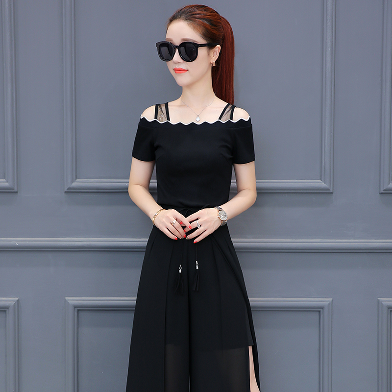 qma新款2017新款夏装时尚女神洋气套装女名媛一字肩阔腿裤两件套修身