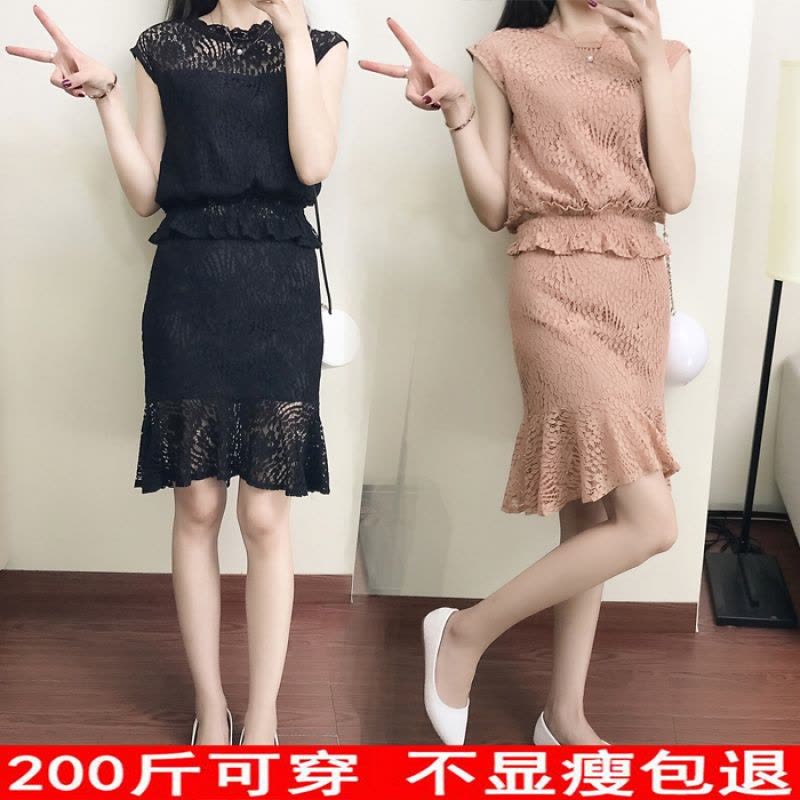 qma新款200斤大码女装胖MM2017夏季新款 胖妹妹鱼尾半身裙蕾丝套装连衣裙定制图片