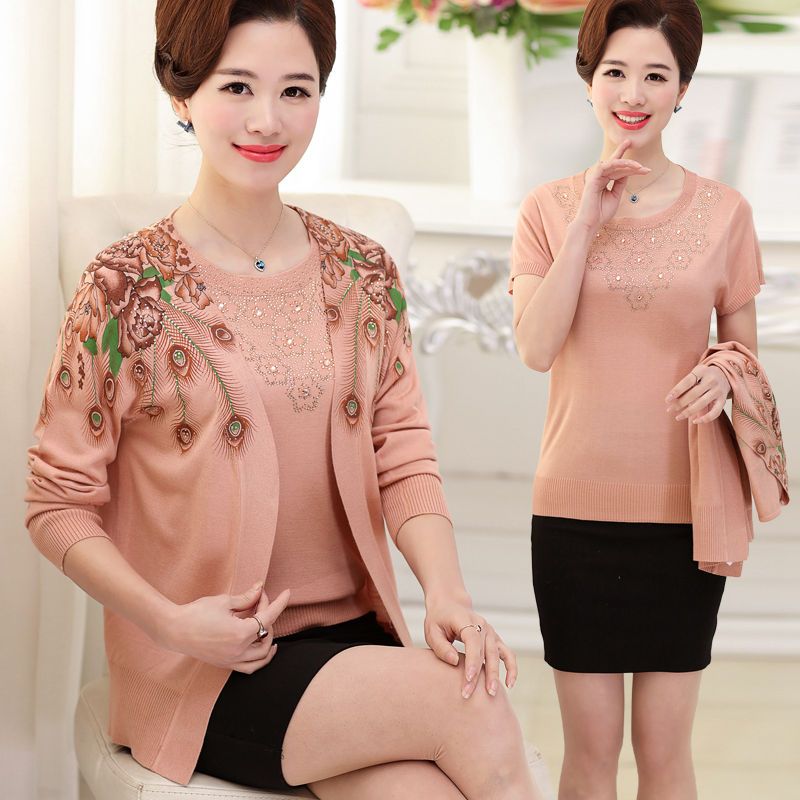 母亲节妈妈装春装两件套中年妇女40岁短袖上衣夏装套装中老年女装定制