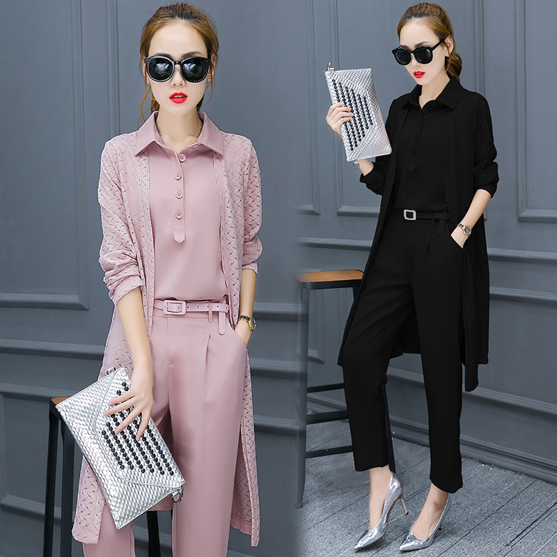 女士衬衫 qma新款长袖中长蕾丝外套雪纺衬衫长裤名媛修身时尚三件套装