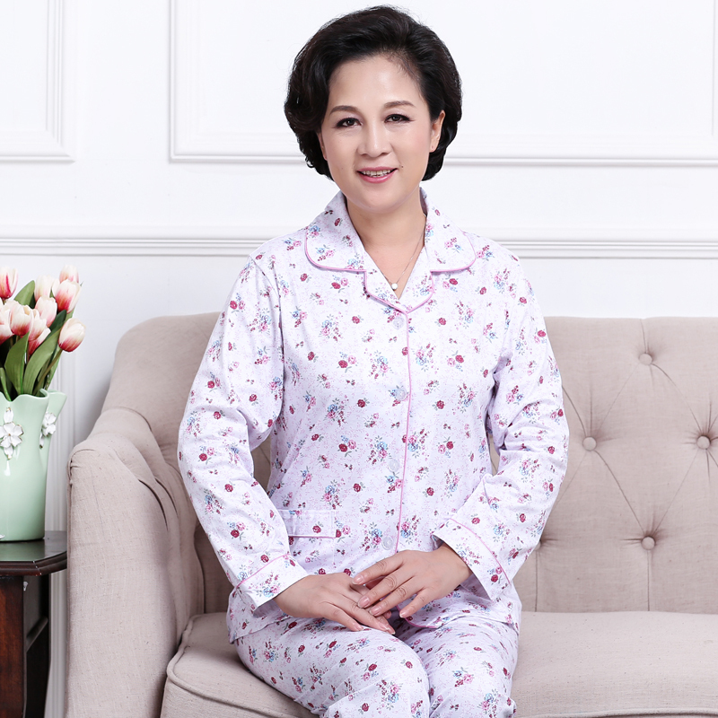 qma新款中老年人妈妈睡衣女夏棉长袖家居服套装春秋季薄款碎花棉睡衣