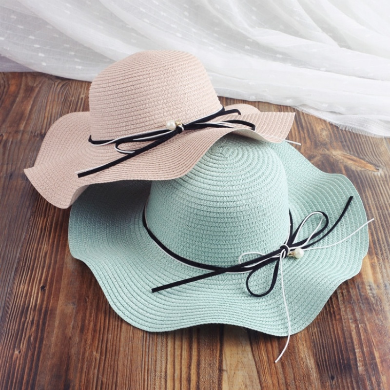 韩版帽子女夏天大沿珍珠蝴蝶结波浪边草帽沙滩出游度假防晒遮阳帽定制