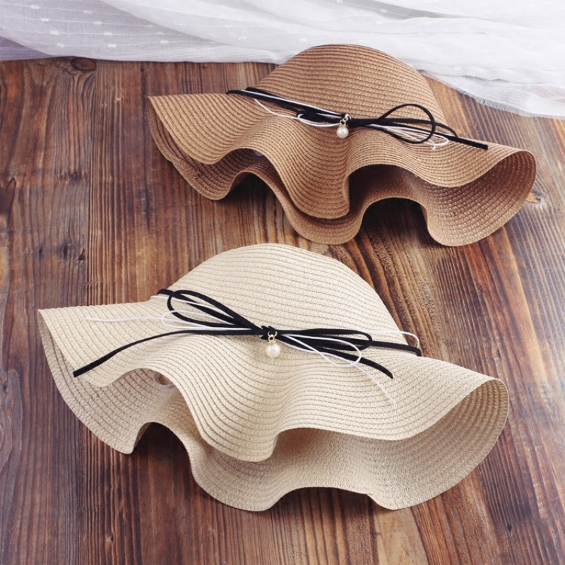 韩版帽子女夏天大沿珍珠蝴蝶结波浪边草帽沙滩出游度假防晒遮阳帽定制
