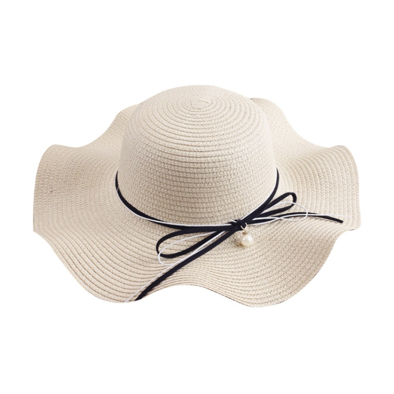 韩版帽子女夏天大沿珍珠蝴蝶结波浪边草帽沙滩出游度假防晒遮阳帽定制