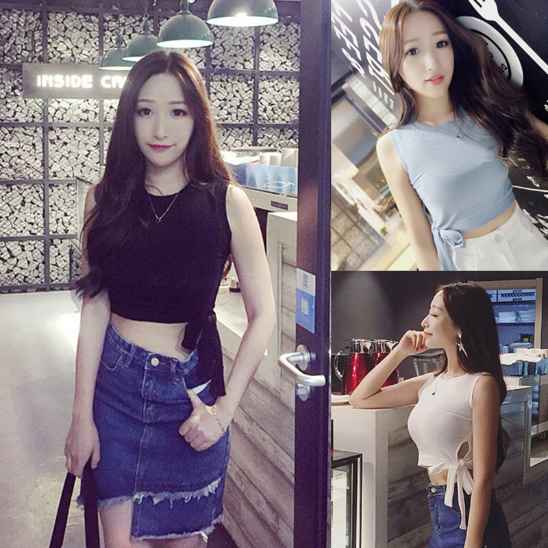 韩版露脐短款上衣女夏无袖针织紧身漏肚脐背心高腰衣服学生短装潮定制