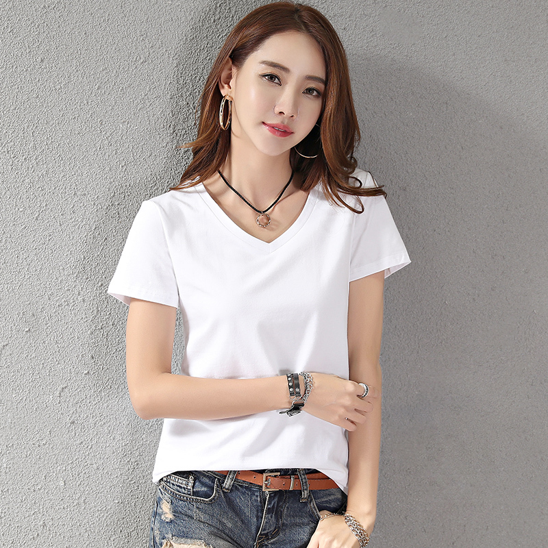 sexemara女士t恤 bw9新款夏季白色v领短袖女t恤棉简约韩版半袖上衣
