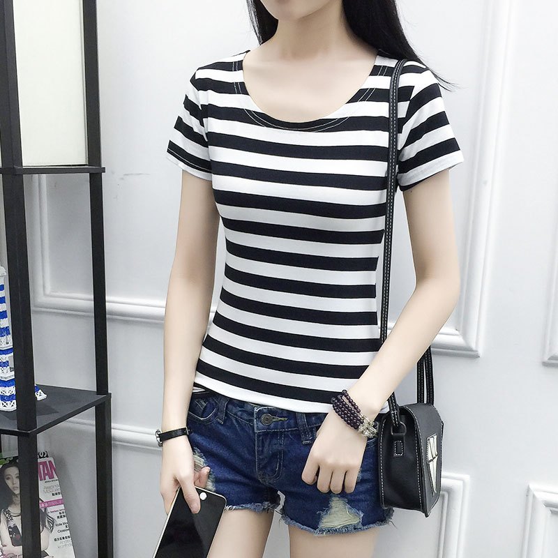 bw9新款2017新款百搭夏季装黑白条纹短袖t恤女装棉上衣服修身显瘦半袖