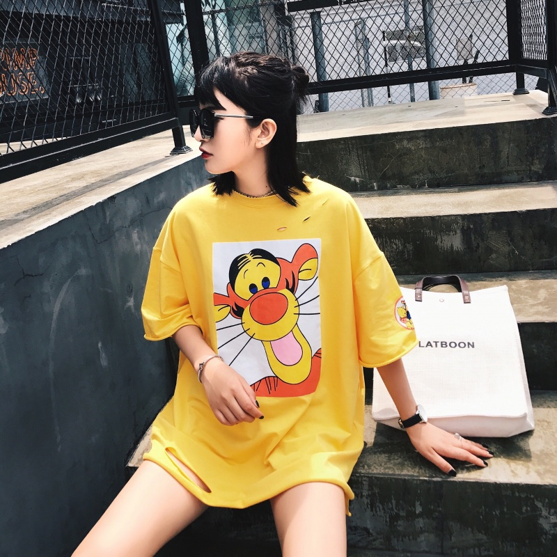 bw9新款夏季卡通跳跳虎T恤bf风短袖中长款休闲破洞衣服女宽松韩版学生潮定制